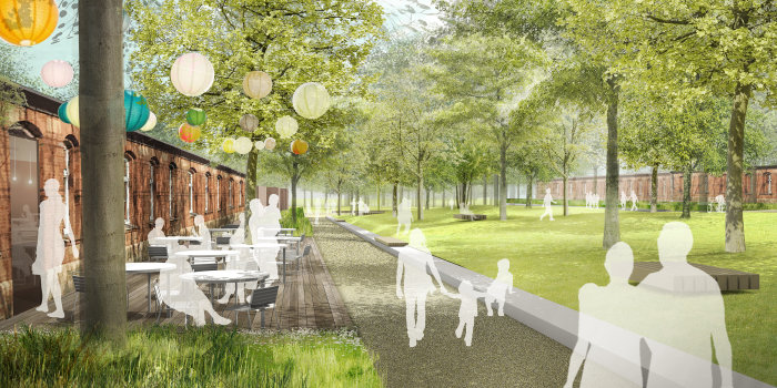 Foto: Visualisierung M8 Garnisonslazarett © geskes.hack Landschaftsarchitekten eine Visualisierung zeigt Spaziergänger in einer Parkanlage mit Backsteingebäude und einer Außenterrasse