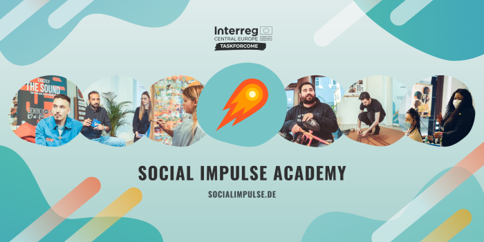 Foto: F11_Social-Impulse-Academy_Taskforcome © Plattform e. V. Eine Collage aus Bildern von mehreren Menschen, die unterschiedlichen Tätigkeiten nachgehen.