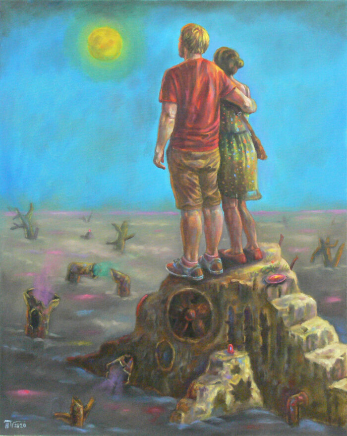 Paar beim Betrachten des Mondes 2020 Öl, Leinwand 80 x 60 cm Ein gemaltes Paar Arm in Arm von hinten in einer abstrakten Landschaft stehend